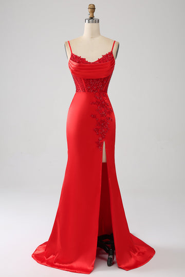 Satin Sirena in rilievo rosso Prom Dress con fessura